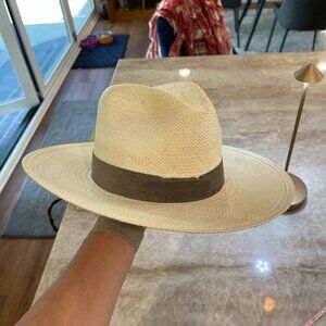 Janessa Leone Cream Brown Band Woven Straw Classic Fedora Hat US Made Size M